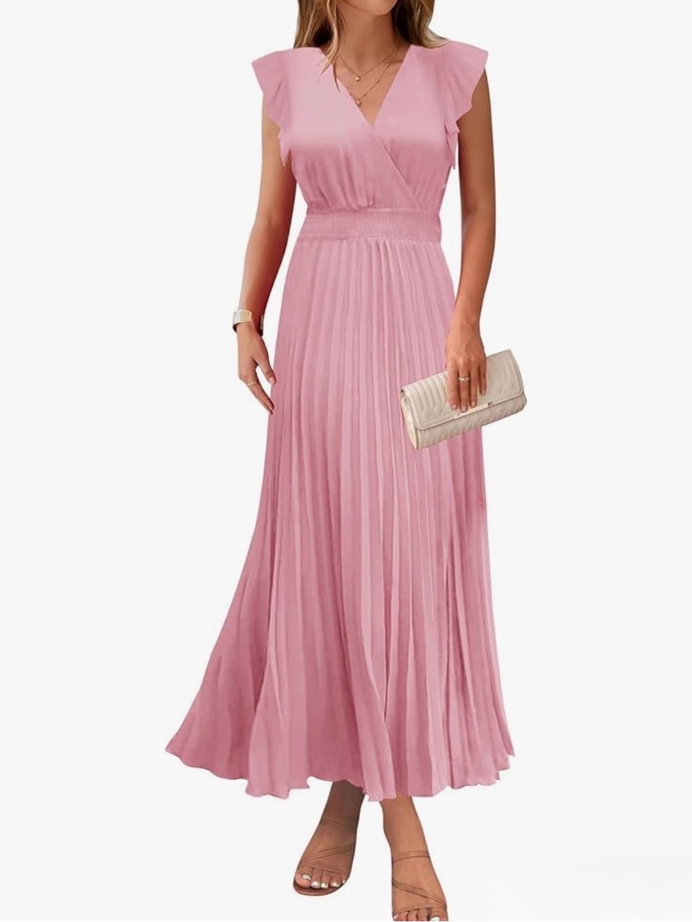 Elegant Pink Flutter Sleeve Maxi Dress